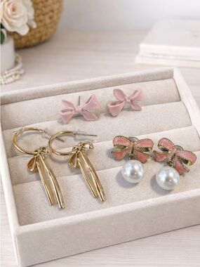 *Pink and Gold Bow Earrings Set of 3